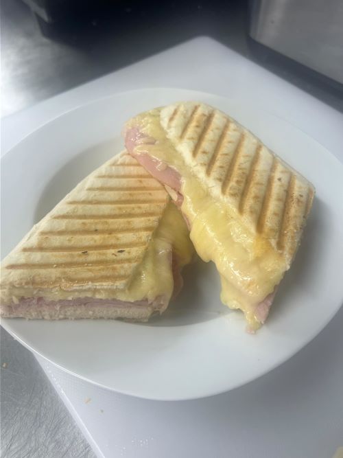 A cheese and ham panini, pressed and cut in half on a white plate.
